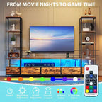 Meuble TV pour téléviseurs de 65 pouces avec étagères, meuble de divertissement avec lumières LED et prises de courant, 5 tiroirs en tissu, console TV industrielle