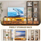 Meuble TV pour téléviseurs de 65 pouces avec étagères, meuble de divertissement avec lumières LED et prises de courant, 5 tiroirs en tissu, console TV industrielle