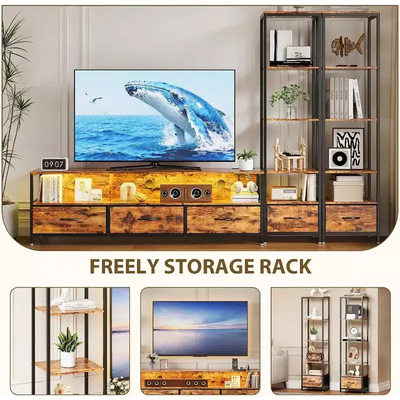 TV Stand for 65 inch TVs with Bookshelves, Entertainment Center with LED Lights & Power Outlets, 5 Fabric Drawers, Industrial TV Console