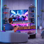 Meuble TV pour téléviseurs de 65 pouces avec étagères, meuble de divertissement avec lumières LED et prises de courant, 5 tiroirs en tissu, console TV industrielle