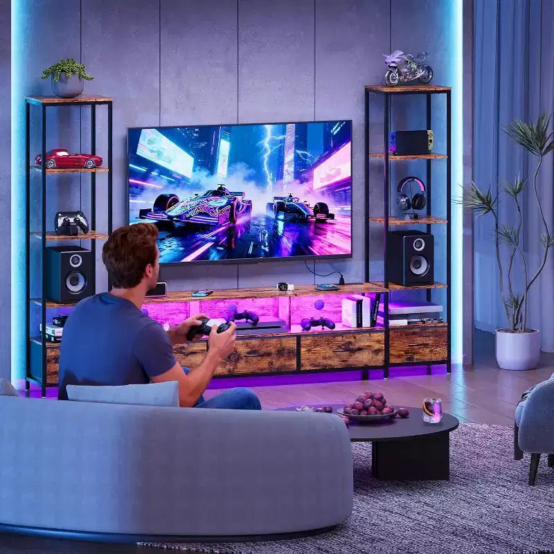 TV Stand for 65 inch TVs with Bookshelves, Entertainment Center with LED Lights & Power Outlets, 5 Fabric Drawers, Industrial TV Console