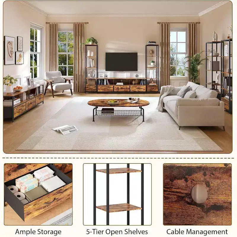 TV Stand for 65 inch TVs with Bookshelves, Entertainment Center with LED Lights & Power Outlets, 5 Fabric Drawers, Industrial TV Console