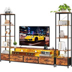 Meuble TV pour téléviseurs de 65 pouces avec étagères, meuble de divertissement avec lumières LED et prises de courant, 5 tiroirs en tissu, console TV industrielle