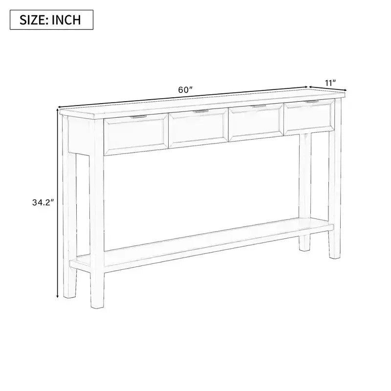 Narrow Console Table with Storage, Minimalist Wood Entryway Table with 4 Drawers and Bottom Shelf for Hallway and Entryway