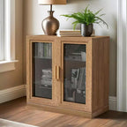 PexFix 31 Modern Wood Bookshelf Storage Cabinet with 2 Glass Door and Adjustable Shelf for Kitchen Bedroom Entryway Living Room Dinning Room Natural