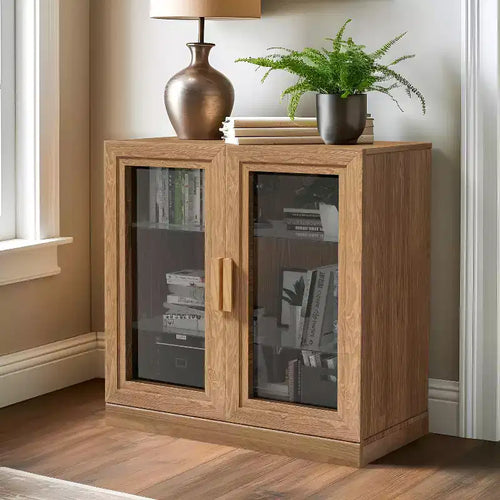 PexFix 31 Modern Wood Bookshelf Storage Cabinet with 2 Glass Door and Adjustable Shelf for Kitchen Bedroom Entryway Living Room Dinning Room Natural