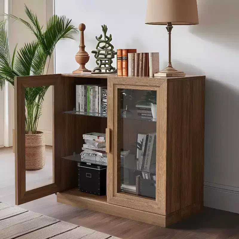Modern Wood Bookshelf Storage Cabinet with 2 Glass Door and Adjustable Shelf for Kitchen Bedroom Entryway Living Room Dinning Room Natural