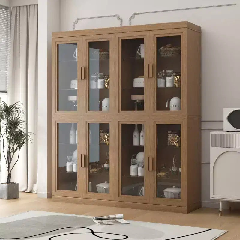 Modern Wood Bookshelf Storage Cabinet with 2 Glass Door and Adjustable Shelf for Kitchen Bedroom Entryway Living Room Dinning Room Natural