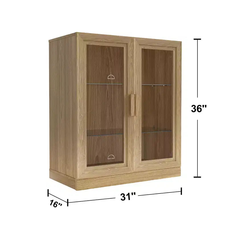 Modern Wood Bookshelf Storage Cabinet with 2 Glass Door and Adjustable Shelf for Kitchen Bedroom Entryway Living Room Dinning Room Natural