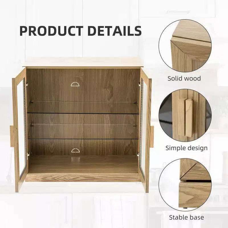 Modern Wood Bookshelf Storage Cabinet with 2 Glass Door and Adjustable Shelf for Kitchen Bedroom Entryway Living Room Dinning Room Natural