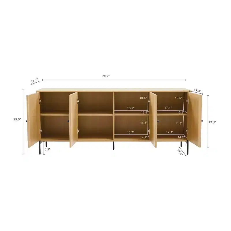 Modern Slatted Door Sideboard with Adjustable Shelves and Metal Legs
