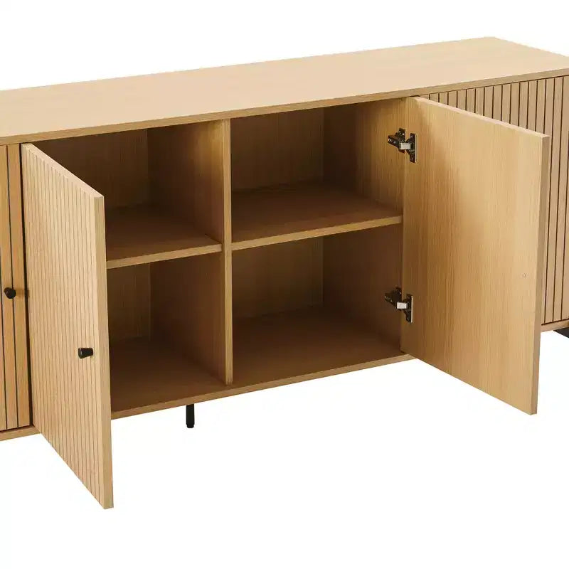 Modern Slatted Door Sideboard with Adjustable Shelves and Metal Legs