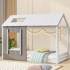 Twin Size Platform Bed with Roof and Window House Bed Frame, No Box Spring Required Twin Size Bedframe for Bedroom, Children's Room, Kids Room