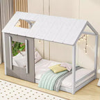 Lit plate-forme double avec toit et fenêtre, cadre de lit cabane, aucun sommier tapissier requis, lit double pour chambre à coucher, chambre d'enfant, chambre d'enfant