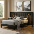 Lit Queen Size, cadre en bois brun foncé, tête de lit rembourrée