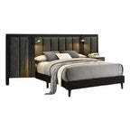 Lit Queen Size, cadre en bois brun foncé, tête de lit rembourrée