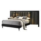 Lit Queen Size, cadre en bois brun foncé, tête de lit rembourrée