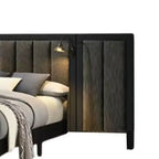 Lit Queen Size, cadre en bois brun foncé, tête de lit rembourrée