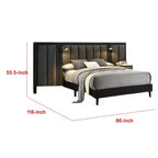 Lit Queen Size, cadre en bois brun foncé, tête de lit rembourrée