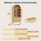 Meuble de rangement arqué avec portes vitrées, garde-manger de style rustique avec 2 tiroirs et étagères réglables, pour salle à manger, salon, bureau - Naturel