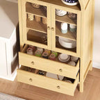 Meuble de rangement arqué avec portes vitrées, garde-manger de style rustique avec 2 tiroirs et étagères réglables, pour salle à manger, salon, bureau - Naturel