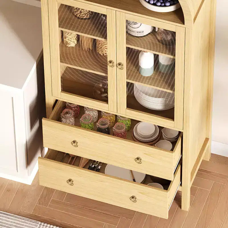Arched Storage Cabinet with Glass Doors, Farmhouse Pantry with 2 Drawers & Adjustable Shelves, for Dining Room, Living Room, Office - Natural