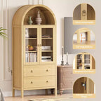 Meuble de rangement arqué avec portes vitrées, garde-manger de style rustique avec 2 tiroirs et étagères réglables, pour salle à manger, salon, bureau - Naturel
