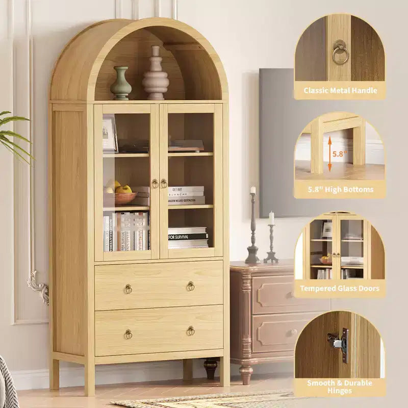 Arched Storage Cabinet with Glass Doors, Farmhouse Pantry with 2 Drawers & Adjustable Shelves, for Dining Room, Living Room, Office - Natural