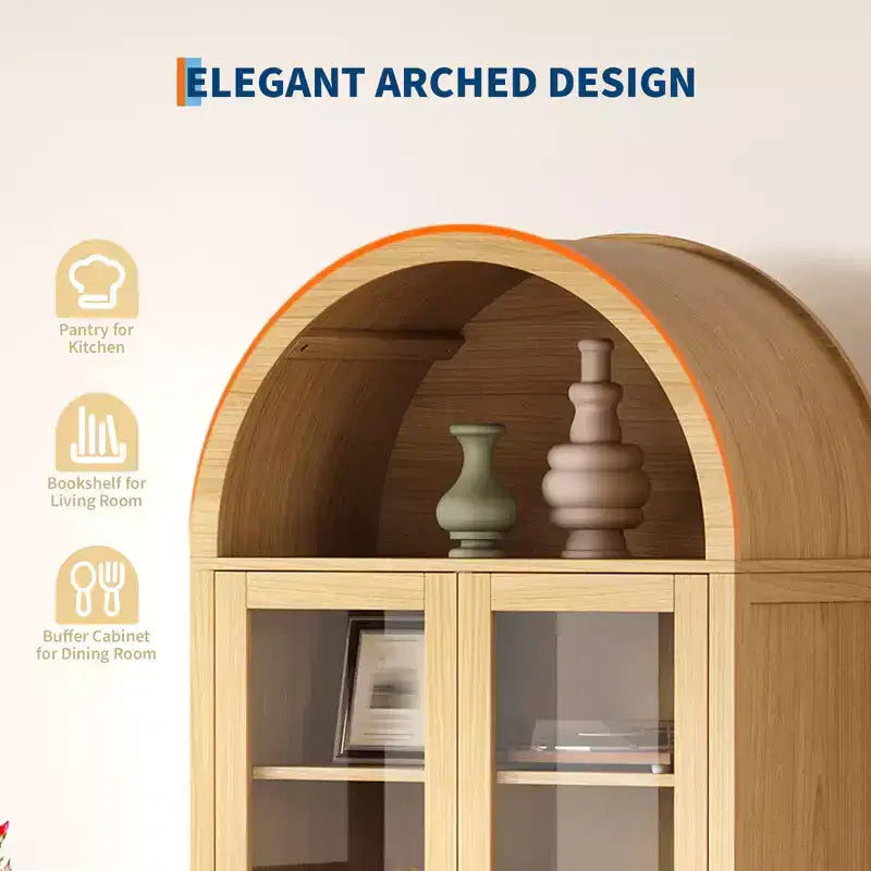 Arched Storage Cabinet with Glass Doors, Farmhouse Pantry with 2 Drawers & Adjustable Shelves, for Dining Room, Living Room, Office - Natural