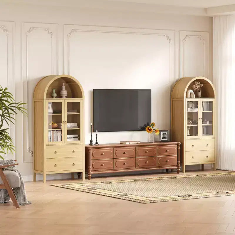 Arched Storage Cabinet with Glass Doors, Farmhouse Pantry with 2 Drawers & Adjustable Shelves, for Dining Room, Living Room, Office - Natural