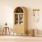 Meuble de rangement arqué avec portes vitrées, garde-manger de style rustique avec 2 tiroirs et étagères réglables, pour salle à manger, salon, bureau - Naturel