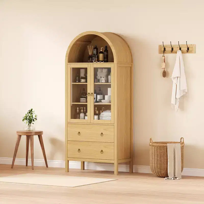 Arched Storage Cabinet with Glass Doors, Farmhouse Pantry with 2 Drawers & Adjustable Shelves, for Dining Room, Living Room, Office - Natural
