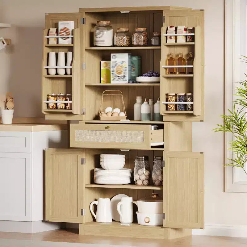 Wicker Food Storage Cabinet with one drawer, two cabinets, and four adjustable shelves. Ideal for living rooms, kitchens, and laundry rooms.