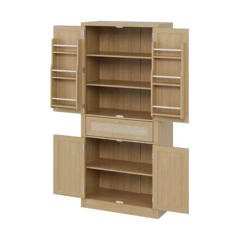 Wicker Food Storage Cabinet with one drawer, two cabinets, and four adjustable shelves. Ideal for living rooms, kitchens, and laundry rooms.
