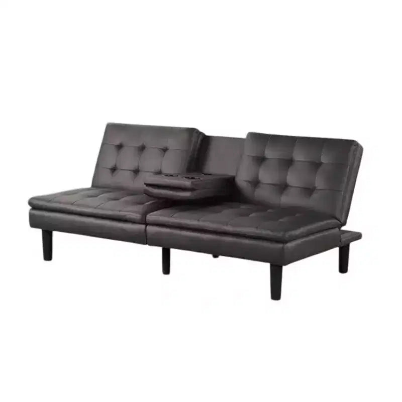 Futon Sofa Bed, Drop-Down Tray and Cupholder, Gray Faux Leather
