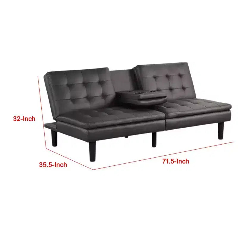 Futon Sofa Bed, Drop-Down Tray and Cupholder, Gray Faux Leather