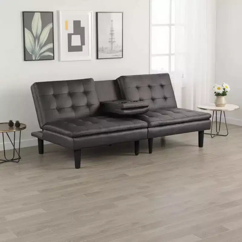 Futon Sofa Bed, Drop-Down Tray and Cupholder, Gray Faux Leather