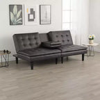 Canapé-lit futon, plateau rabattable et porte-gobelet, similicuir gris