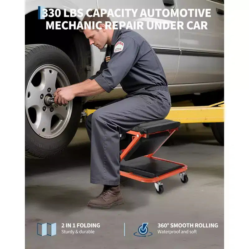 Z-Creeper Seat on Wheels, 2-in-1 Foldable Garage Creeper Shop Seat, 6 Swivel Casters, 330 LBS Capacity