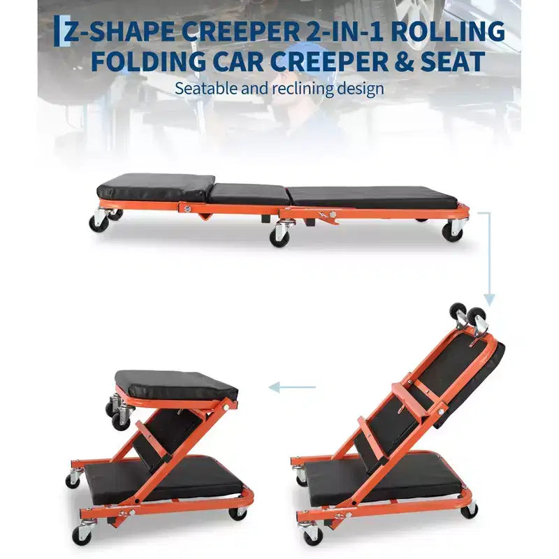 Z-Creeper Seat on Wheels, 2-in-1 Foldable Garage Creeper Shop Seat, 6 Swivel Casters, 330 LBS Capacity