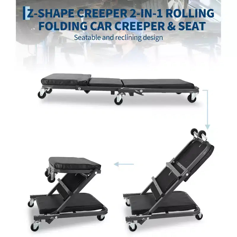 Z-Creeper Seat on Wheels, 2-in-1 Foldable Garage Creeper Shop Seat, 6 Swivel Casters, 330 LBS Capacity