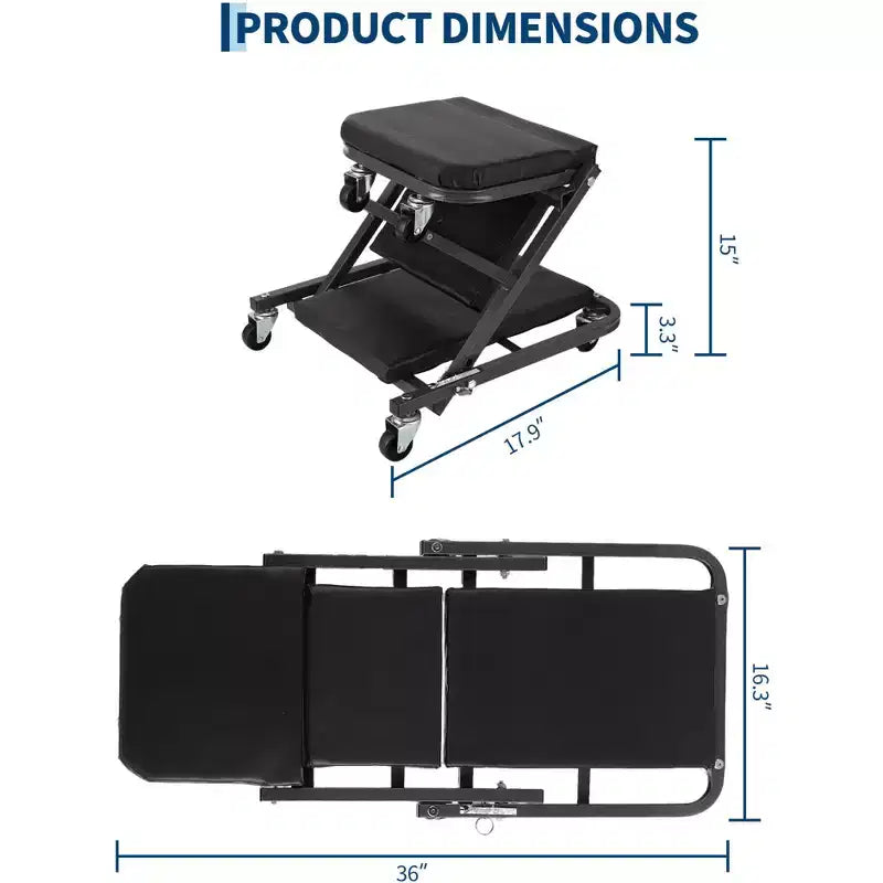Z-Creeper Seat on Wheels, 2-in-1 Foldable Garage Creeper Shop Seat, 6 Swivel Casters, 330 LBS Capacity