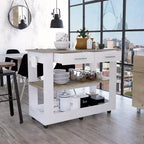 Îlot de cuisine avec 2 étagères ouvertes, chariot de cuisine avec 2 tiroirs et poignées métalliques, îlot de cuisine sur roulettes pour salle à manger, cuisine, blanc