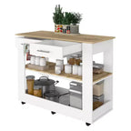 Îlot de cuisine avec 2 étagères ouvertes, chariot de cuisine avec 2 tiroirs et poignées métalliques, îlot de cuisine sur roulettes pour salle à manger, cuisine, blanc