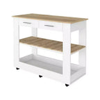 Îlot de cuisine avec 2 étagères ouvertes, chariot de cuisine avec 2 tiroirs et poignées métalliques, îlot de cuisine sur roulettes pour salle à manger, cuisine, blanc