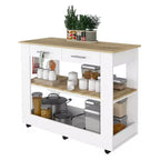 Îlot de cuisine avec 2 étagères ouvertes, chariot de cuisine avec 2 tiroirs et poignées métalliques, îlot de cuisine sur roulettes pour salle à manger, cuisine, blanc