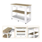 Îlot de cuisine avec 2 étagères ouvertes, chariot de cuisine avec 2 tiroirs et poignées métalliques, îlot de cuisine sur roulettes pour salle à manger, cuisine, blanc