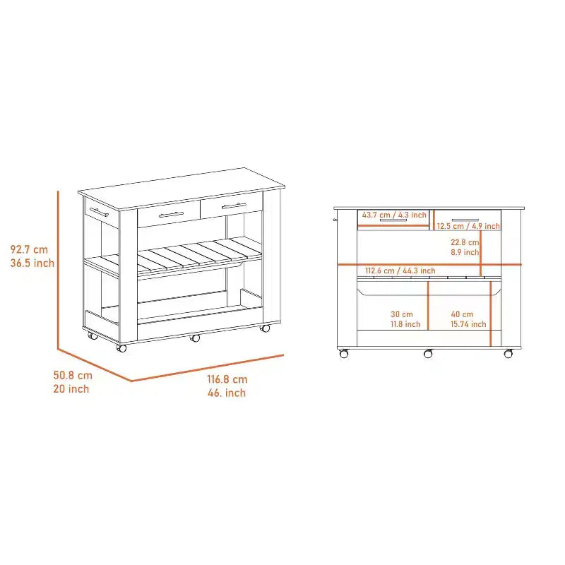 Kitchen Island with 2 Open Shelves, Kitchen Cart with 2 Drawers and Metal Handles, Kitchen Island On Wheels for Dining Room, Kitchen, White