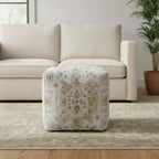 Pouf ottoman médaillon rembourré ivoire et gris clair