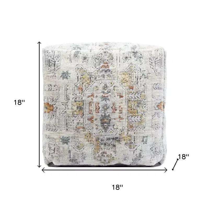 Ivory and Light Gray Upholstered Medallion Pouf Ottoman
